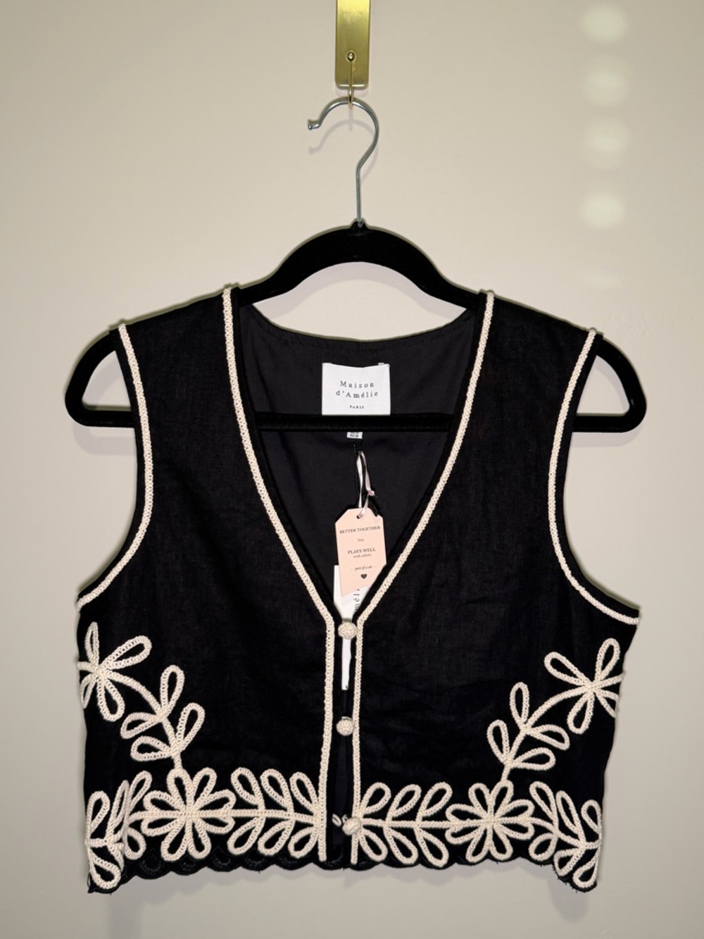 Maison d'Amélie Black Cropped Embroidered Vest